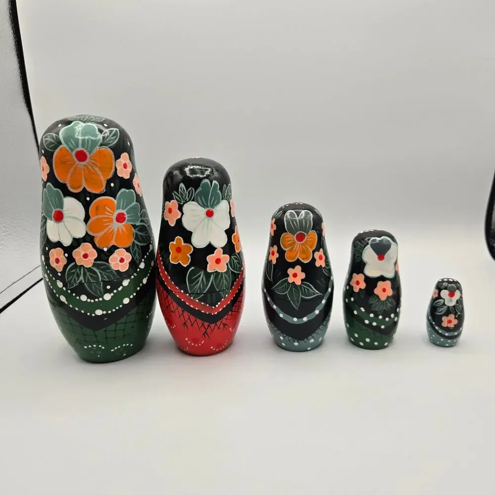 Vintage 5 Piece Russian Nesting Stacking Dolls Painted Floral Handmade